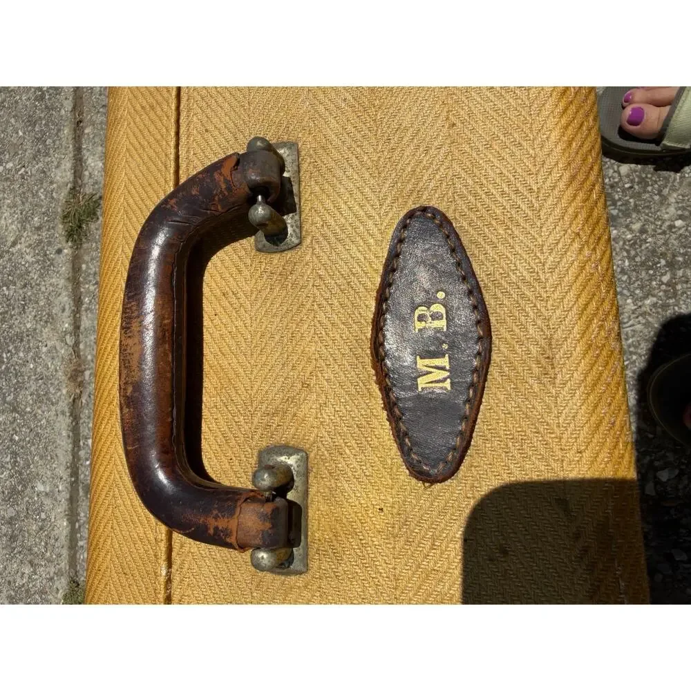 Vintage Mustard Yellow Tweed Train Suitcase 24” Leather Trim Overnight Luggage
